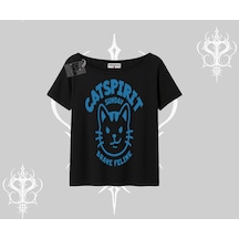 Tarzsokak Catspirit Sunday Brave Feline Yazılı Kedi Baskılı Kayık Yaka Tshirt Siyah