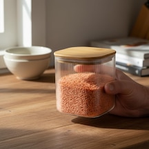 Bambu Kapaklı Kare Cam Saklama Kavanozu 10x10 Cm - Vakum Kapaklı Şeffaf Erzak Kabı Ve Mutfak Düzenleyici Organiza Diğer