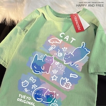 Startmore Y2k Vintage Tişört Tee Eğlenceli Yaramaz Kedi Baskı Japon Tarzı Yeşil