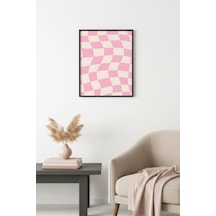 Doğal Ahşap Çerçeveli Pastel Damalı Retro Tablo - Pembe Tonlar Huhu2806