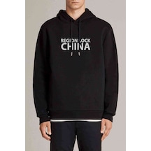 Region Lock China Baskılı Siyah Erkek Örme Kapşonlu Sweatshirt