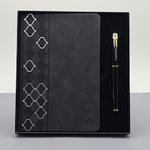 Desenli Siyah Deri Defter Kalem Set Çok Renkli