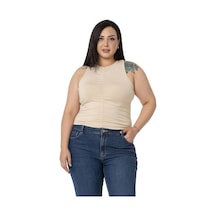 Disentis Büyük Beden Önü Ve Yanları Drapeli Halter Yaka Bej Rengi Body-bej Bej