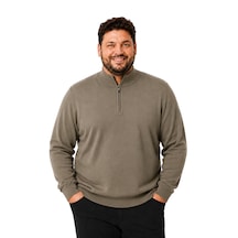 Battalmoda Erkek Büyük Beden Vizon Fermuarlı Dik Yaka Pamuklu Kazak 3xl-4xl-5xl-6xl