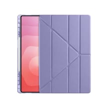 Samsung Galaxy X900 İle Uyumlu Tab S8 Ultra Kılıf 14.6' Kalem Koyma Bölmeli Stand Olan Uyku Modlu Suni Deri Yarı Transparan Arka Yüzey Attravtive Smart Cover Lavanta