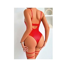 Lily Bianca Nightwear Çapraz Bağcık Detaylı Dantel Ve Deri Kombinasyonu İle Muhteşem Görünen Fantezi Kostüm Kırmızı