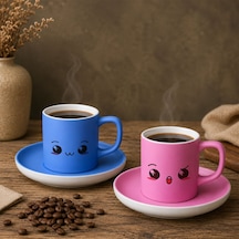Bk Gift 2'li Mavi Ve Pembe Renkli Emoji Yüz Tasarımlı Seramik Türk Kahvesi Fincanı Takımı-8 Çok Renkli