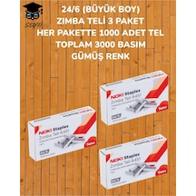 24/6 Büyük Boy Zımba Teli 3 Paket Her Pakette 1000 Adet Tel Toplam 3000 Basım Gümüş Renk Noki