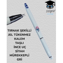 Tırnak Şekilli Jel Tükenmez Kalem Taşlı İnc Uç Siyah Mürekkepli Gri