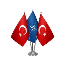 Masa Üstü Nato Bayrağı Türk Bayrağı Üçlü Krom Direk Masa Bayrak S