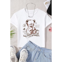 Uyguntarz Çocuk Oyuncak Ayı Baskılı Pamuklu Tshirt Beyaz