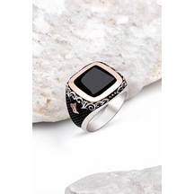 Gümüş Onix Taşlı Yanları Tuğralı Erkek Yüzük -5434