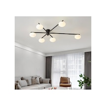 Modern Yassı Küre Sputnik Avize 6 Kollu Mat Opal Glob Ufo Cam Siyah Metal Minimal Salon Avize Siyah