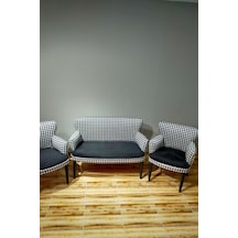 Azra Mobilya Siyah Desenli Kareli Çay Seti Koltuk Takımı Salon Balkon Kafe Ofis Kollu Oturma Grubu Siyah