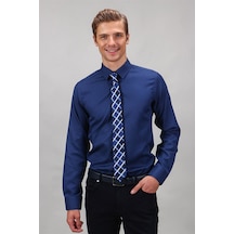 Tudors 12773 Modern Slim Fit Dar Kesim Armürlü Erkek Gömlek Lacivert