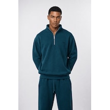 Erkek Respire Basic Half Zip Oversize Sweatshirt Zümrüt Zümrüt Yeşili