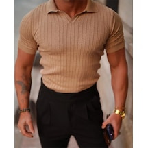 Erkek Fitilli Polo Yaka Triko T-shirt Kahverengi