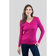 Miss Poem Kadın V Yaka Slim Fit Fitilli Uzun Kışlık Ekru Triko Kazak Fuşya