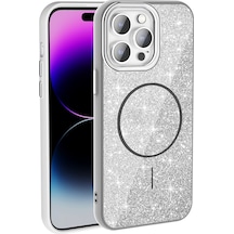 Apple Uyumlu iPhone 14 Pro Max Kılıf Magsafe Şarj Özellikli Parlayan Simli Hptk Okso Kapak - Beyaz Beyaz