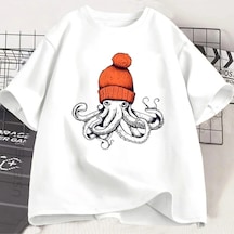 Tarzsokak Beyaz Ahtapot Turuncu Bere Japon Tarzı Grafik Tees Yuvarlak Boyun Le Beyaz