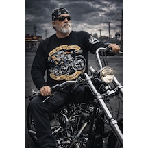 Aybaak Fit Classic Oldman Motorsiklet Baskılı Uzun Kol Tişört Siyah