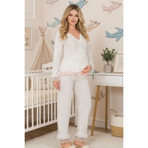 Lady Ekru Renkli Dantel Detaylı 33208 Uzun Kol 2 Parça Lohusa Hamile Pijama Takımı