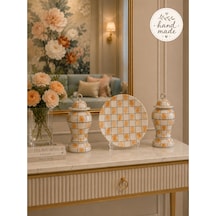 Dekoratif Obje, Hand Made El İşi Salon Seti Şah Kapaklı Tabak Damalı Kahverengi Gümüş