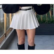 Brg Clothing Pileli İçi Şort Astarlı Beyaz Kemerli Mini Etek