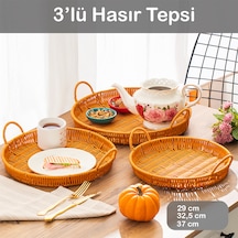 Porsima 710-d Yuvarlak 3'lü Hasır Tepsi Dekoratif Sunum Tepsisi