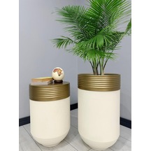 Elegant Dekoratif Eskitme Darbuka Krem Saksı 70cm + Sehpa 60cm İkili Set
