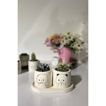 Tabaklı Şirin Cute Çizim Desenli Saksı Seti