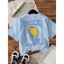 Limoncella "la Dolce Vita" Baskılı Oversize Pamuklu Kadın T-shirt Turkuaz