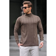 Madmext Koyu Kahverengi Slim Fit Yarım Balıkçı Yaka Çizgili Tüylenmeyen Erkek Triko Kazak 6344