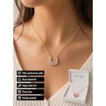 Pembe Taşlı Butterfly Ay Yıldız Kolye Altın Renk Kadın Hediye Altın - Gümüş