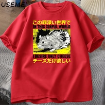 Flood Of Style Ben Arzu Sadece Peynir T-shirt Erkekler Komik Pamuk Japon Sıçan Grpahic Tees Casual Pamuk Kıs Kırmızı