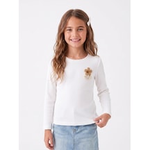 Onloox Kız Çocuk Ekru Kız Çocuk Ekru Kaşkorse Bisiklet Yaka Uzun Kollu Regular Fit Çiçek Armalı Tişört 3-7 Yaş