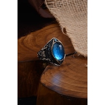 Vog Gravür Taşlı Oval Aquamarin 925 Ayar Erkek Gümüş Yüzük