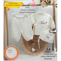 Gros Shop Yeni Doğan Müslin 3'li Kimono Bağcıklı Tulum %100 Pamuk Organik Kişiye Özgü İsimli Nakış Desenli Ekru-2