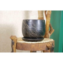 Ev Dekorasyon Siyah Üzeri Gold Tabaklı Terracota Toprak Saksı Saksılık Salon Çiçeklik 19 Cm