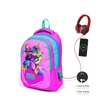Coral High Kids Simli Kedi Desenli Üç Bölmeli USB Şarjlı Kulaklık Çıkışlı Okul Sırt Çantası 24301