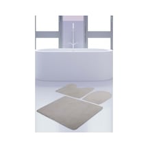 Unicolor Düz Krem 3'lü Banyo Paspası Halısı Seti Kaymaz Deri Taba Krem