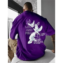 Love And Peace Baskılı Oversize Tişört Mor