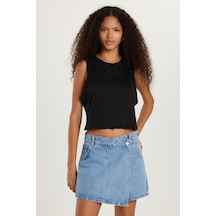 Tudors Kadın Slim Fit Dar Kesim %100 Pamuk Bisiklet Yaka Düz Basic Siyah Crop Atlet-33597 SIYAH