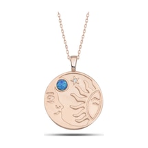 Gümüş Rose Opal Mavi Taşlı Ay Güneş Kadın Kolye Altın