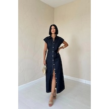 Defymoda Mavi Kolsuz Vatkalı Elbise Mavi