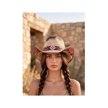 Givoria Kadın İşlemeli Kovboy Şapka Geniş Kenarlı Western Şapka Lüks Tasarım Nakışlı Şapka Kırmızı Kırmızı