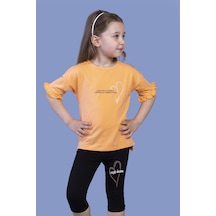 Toontoy Kids Toontoy Kız Çocuk Düşük Kol Büzgü Detaylı Baskılı Taytlı Takım Turuncu