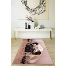 Bej Köpek Pug Desenli Kaymaz Tabanlı Dekoratif Halı Rv327n11