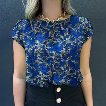 Mavi Zanzea Kadın Rahat Kısa Kollu O-boyun Yaz Çiçek Baskı Bluz