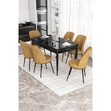 Canisa Kor Serisi 70x114 Açılabilir Mutfak Masası Takımı Siyah Mermer Desen Masa 6 Cappucino Sandalye Masa Siyah Mermer Desen Sandalye Cappucino